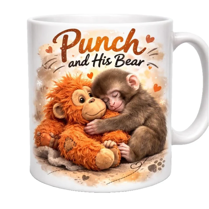 "Punch and His Bear" Cute Monkey Ceramic Mug - Image 2