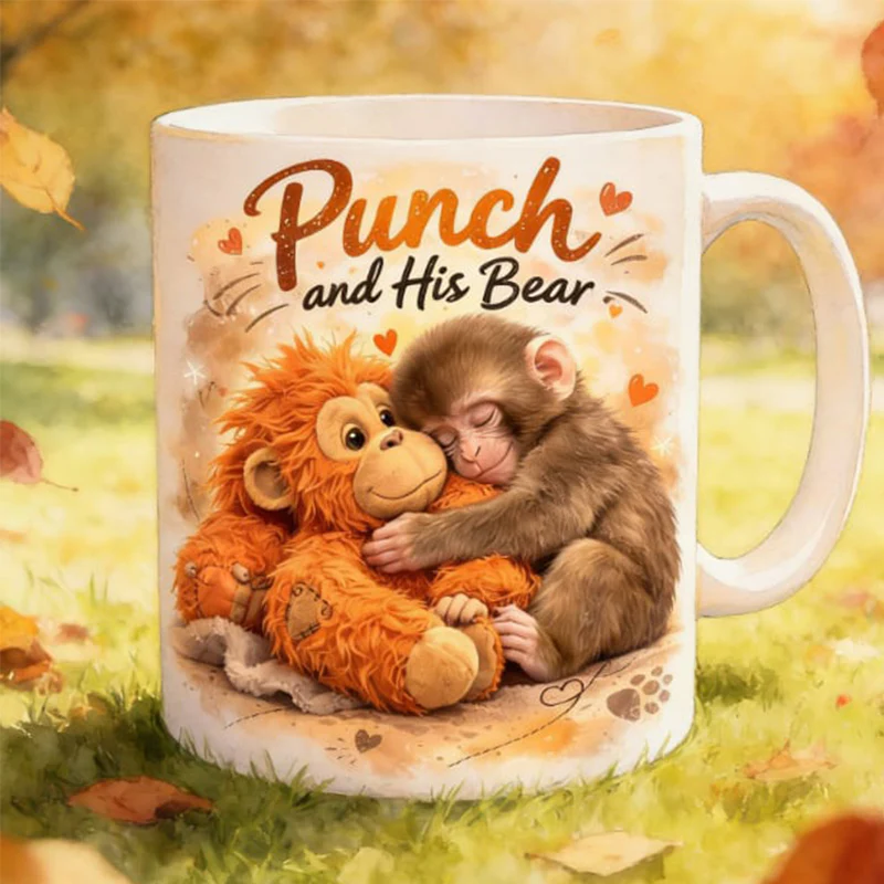 "Punch and His Bear" Cute Monkey Ceramic Mug - Image 3
