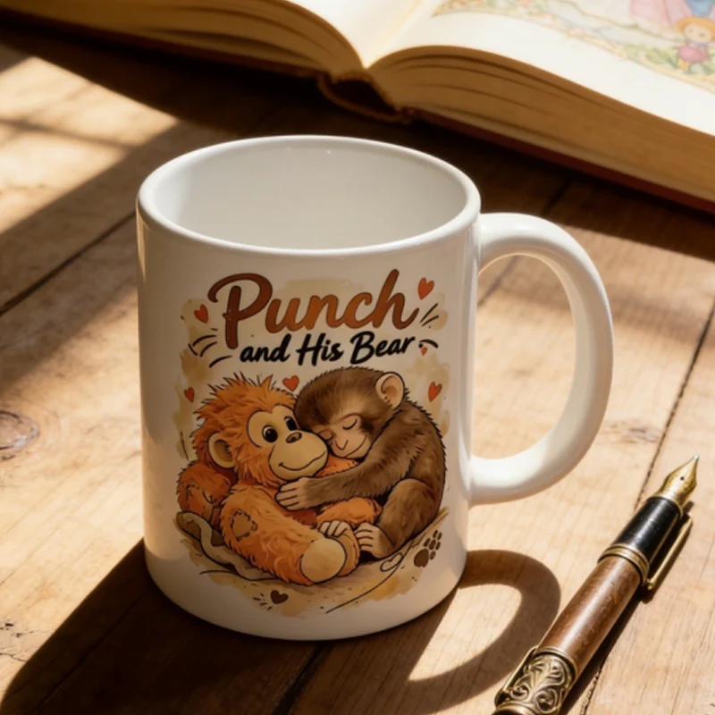 "Punch and His Bear" Cute Monkey Ceramic Mug - Image 4