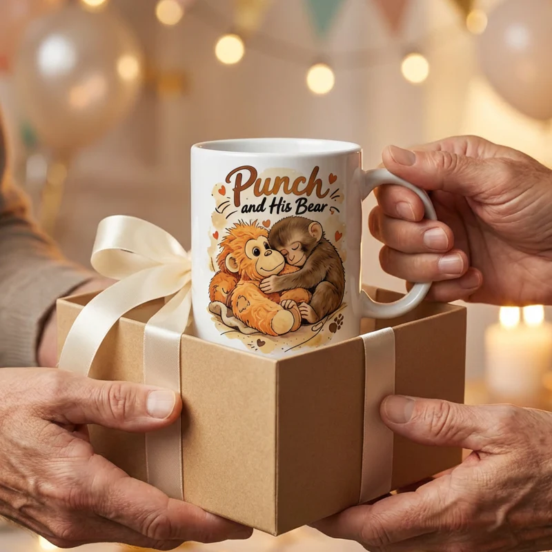 "Punch and His Bear" Cute Monkey Ceramic Mug - Image 7