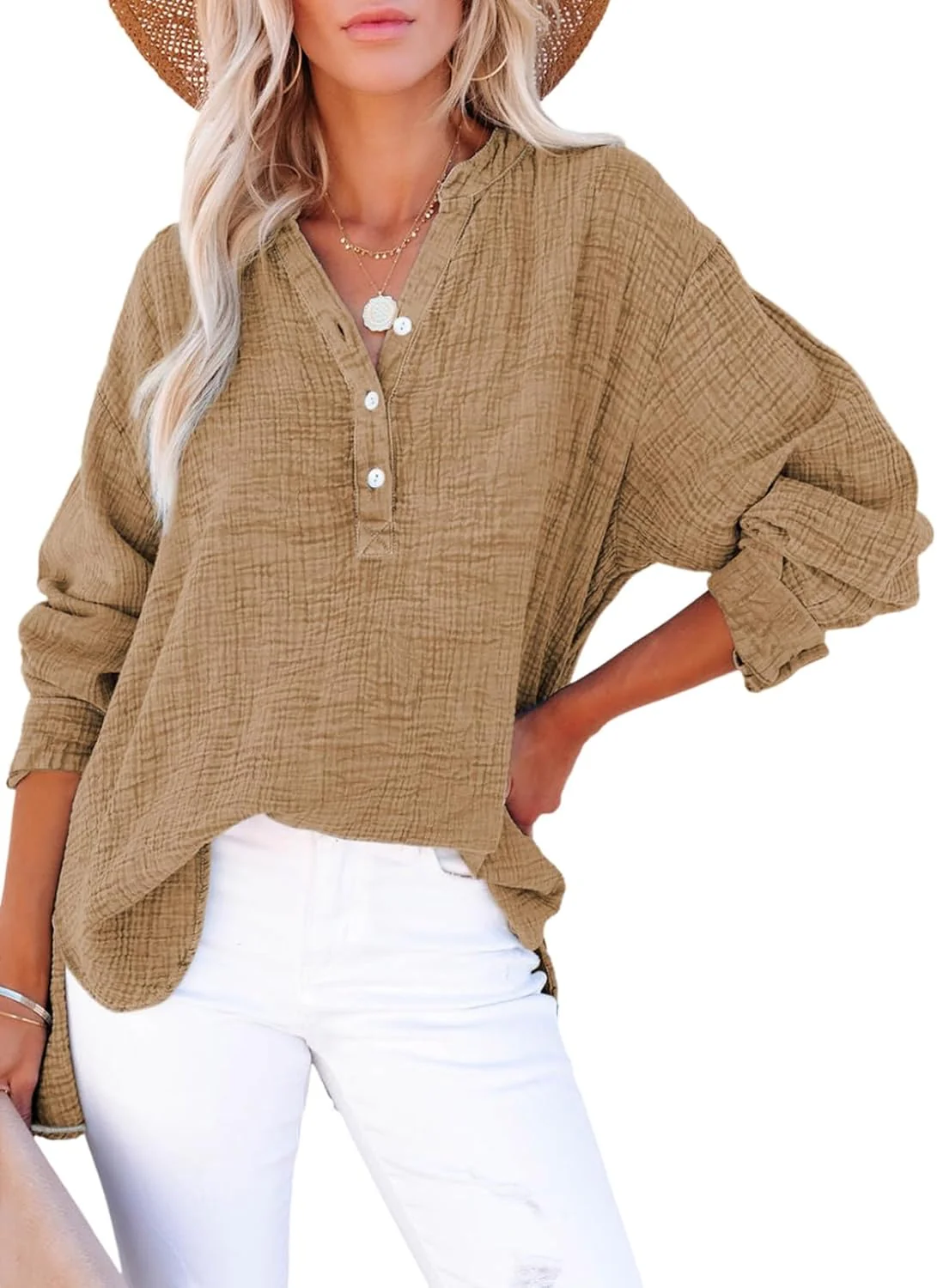 🍀Last Day Sale: ONLY ￡13.99!!🍀Womens Casual Gauze Button Neck Long Sleeve Oversized Blouses - Image 9