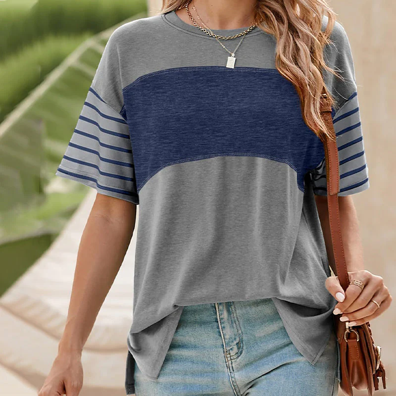 💕Limited Sale 50% OFF💕Women's Casual Round Neck Striped Color Clash Short Sleeve Top - Image 7