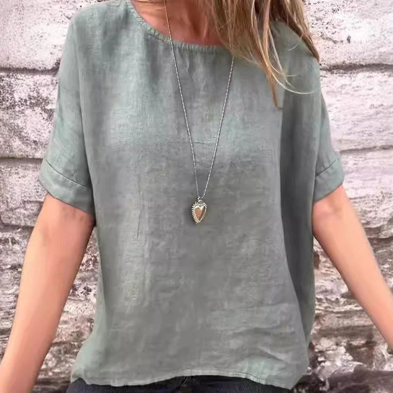 Women's Solid Color Round Neck Half-sleeved Cotton Linen Blouse - Image 5