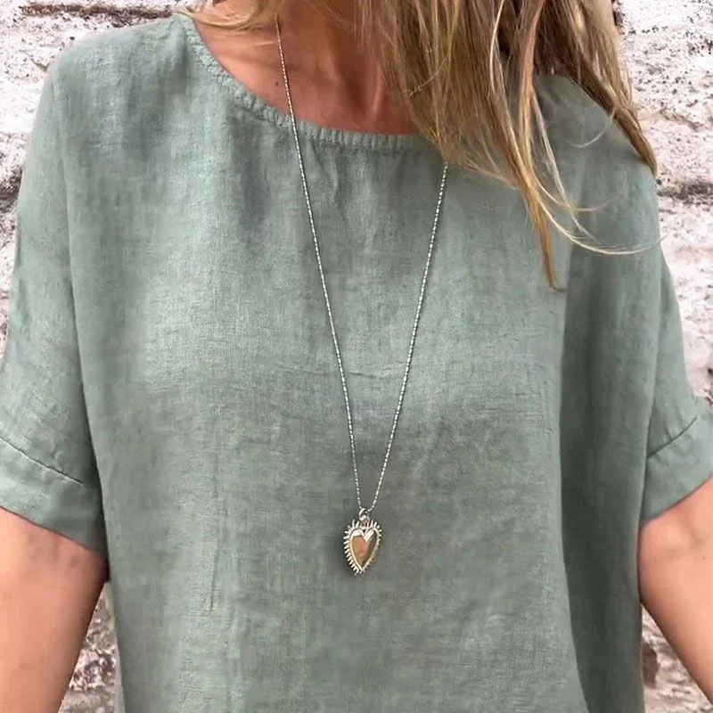 Women's Solid Color Round Neck Half-sleeved Cotton Linen Blouse - Image 6