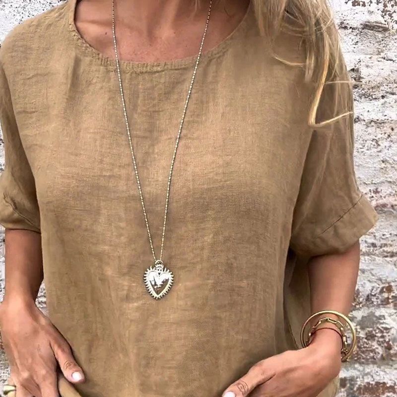 Women's Solid Color Round Neck Half-sleeved Cotton Linen Blouse - Image 8