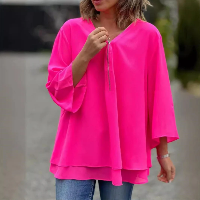 🔥Mother's Day Hot Sale 50%🔥Double-Layer V-neck Zipper 3/4 Sleeves Soft Tops - Image 3