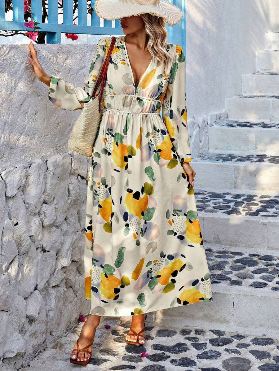 LUNE Random Print Deep V-Neck Lantern Sleeve Gathered Waist Dress - Image 4