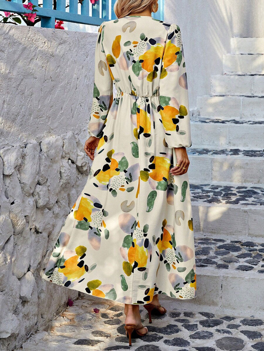 LUNE Random Print Deep V-Neck Lantern Sleeve Gathered Waist Dress - Image 5
