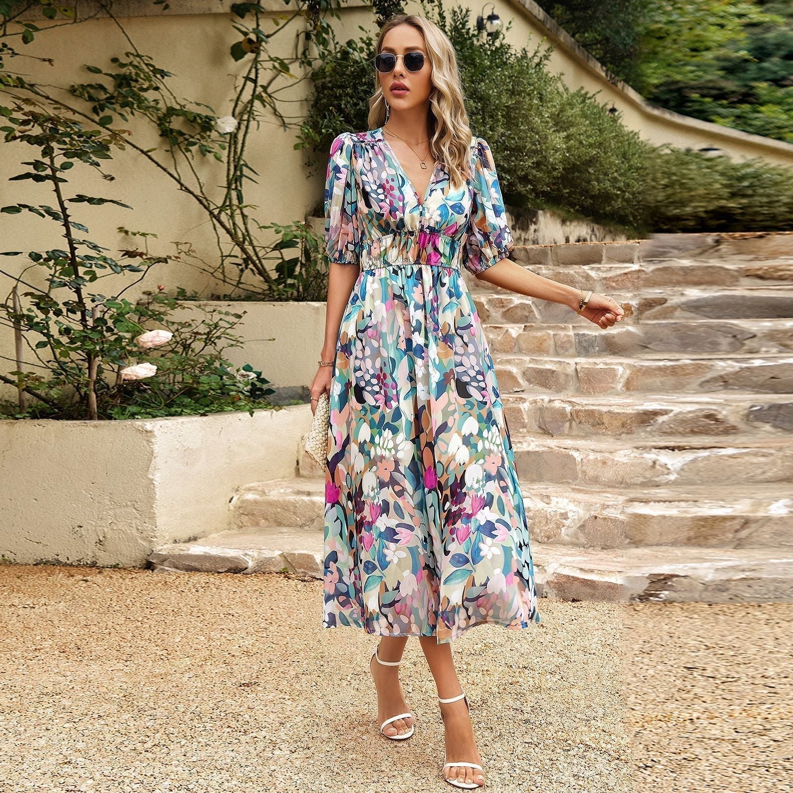 Elegant waist V-neck printed dress(Buy More Free More) - Image 5