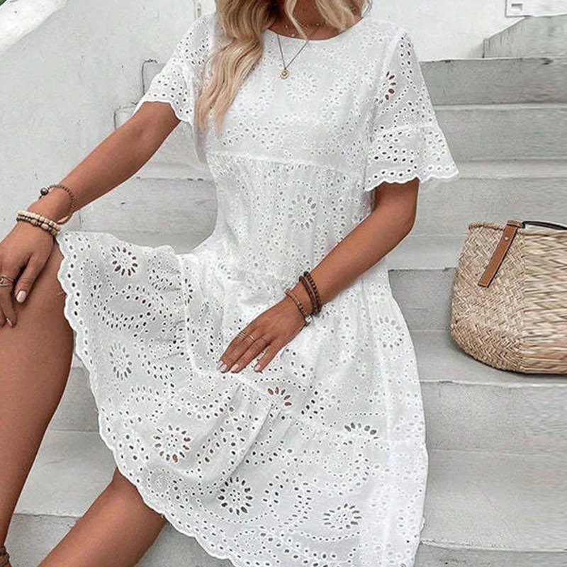 🔥Last Day Sale 50% OFF!!💖Women's Solid Round Neck Floral Cut-Out Dress - Image 8