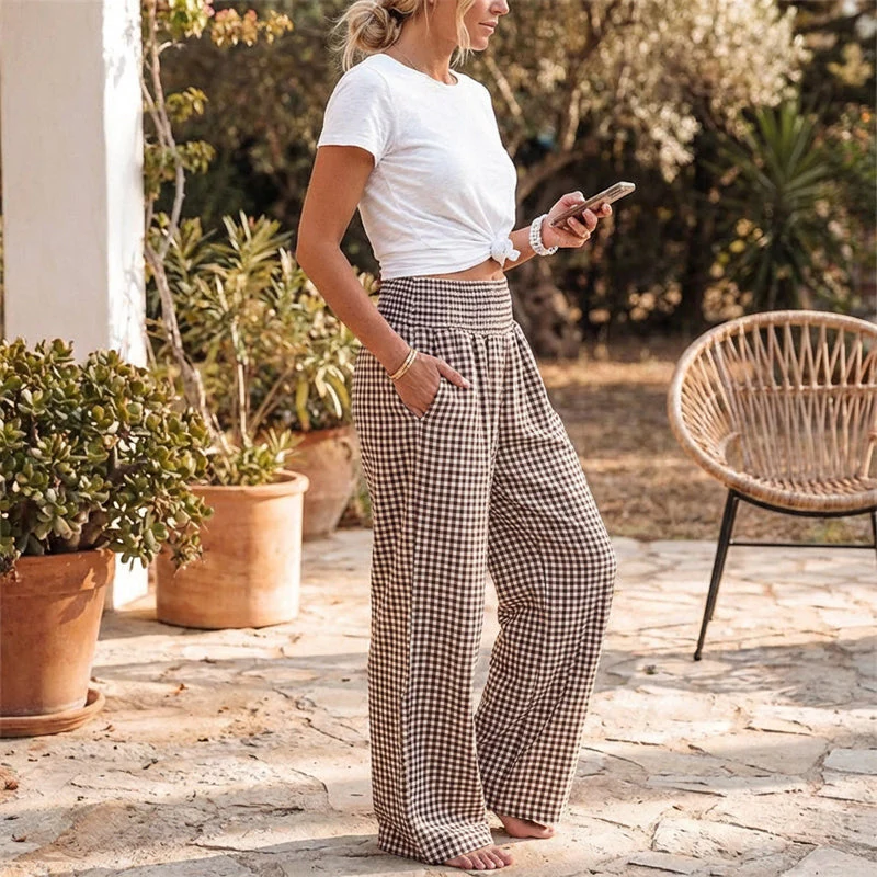 ⏳LAST DAY SALE 50% OFF!🎁Striped Gingham Wide Leg Pants High Waisted With Pockets - Image 12