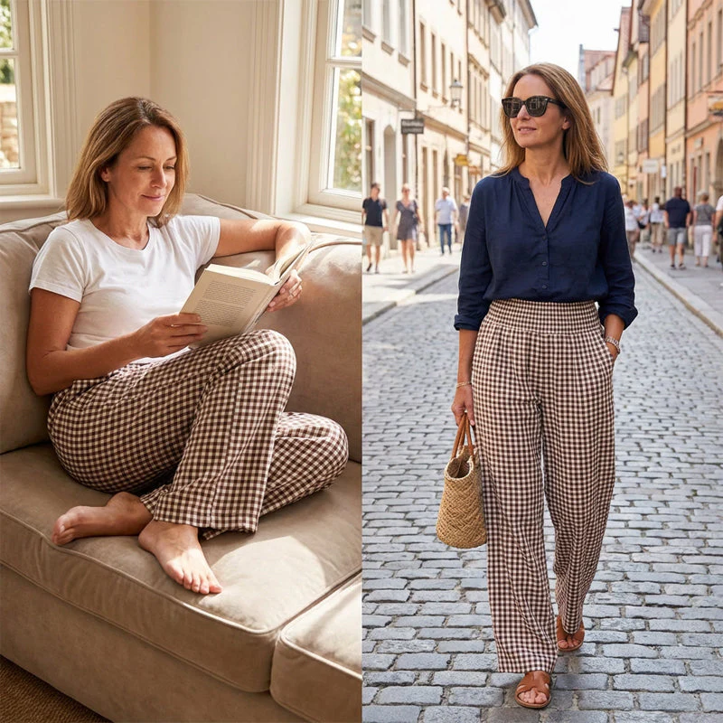 ⏳LAST DAY SALE 50% OFF!🎁Striped Gingham Wide Leg Pants High Waisted With Pockets - Image 13