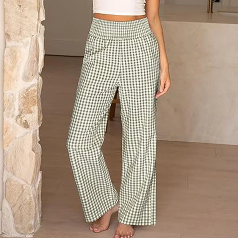 ⏳LAST DAY SALE 50% OFF!🎁Striped Gingham Wide Leg Pants High Waisted With Pockets - Image 5