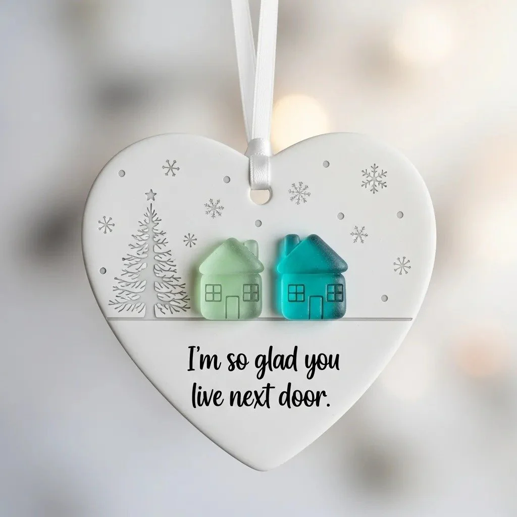 🏠💝"I'm so glad you live next door" Christmas Heart-shaped Ornament - Image 2