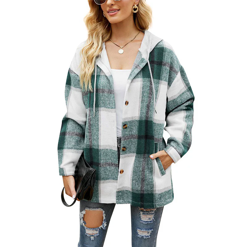⏰HOT SALE-WOMEN'S PLAID BUTTON DOWN FLEECE LINED HOODED JACKETS WARM COAT - Image 4