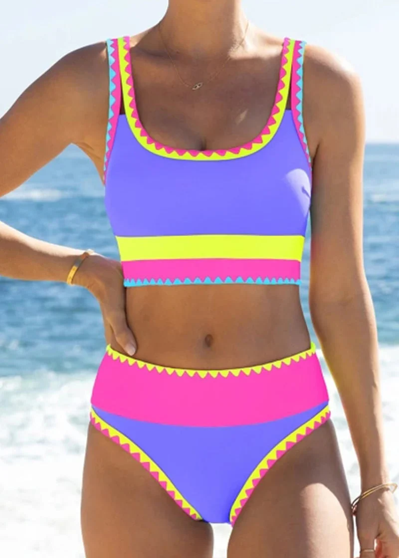 🏖️Hot Sale 50% OFF🌼Color Block Patchwork Nylon Sporty 3-Piece Bikini Set - High Waisted & Tummy Control Swimsuit👙🌈 - Image 6