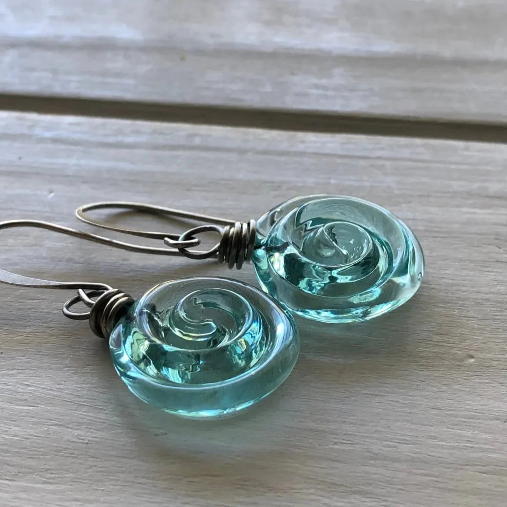 Recycled Glass Spiral Earrings: Upcycled Mason Jar Dangles - Image 2