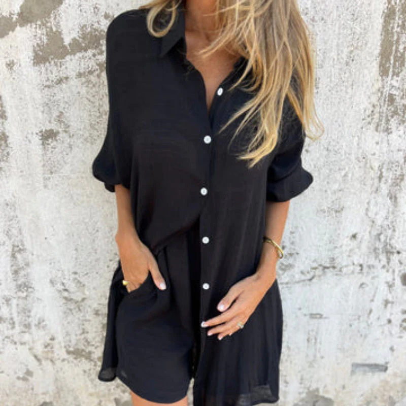💖LAST DAY SALE ONLY £15.99!!💖Women's Casual Long Sleeve Shirt & Shorts Two-Piece Set - Image 13