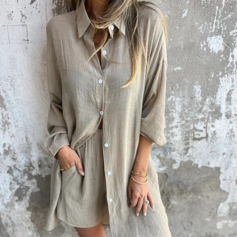 💖LAST DAY SALE ONLY £15.99!!💖Women's Casual Long Sleeve Shirt & Shorts Two-Piece Set - Image 2