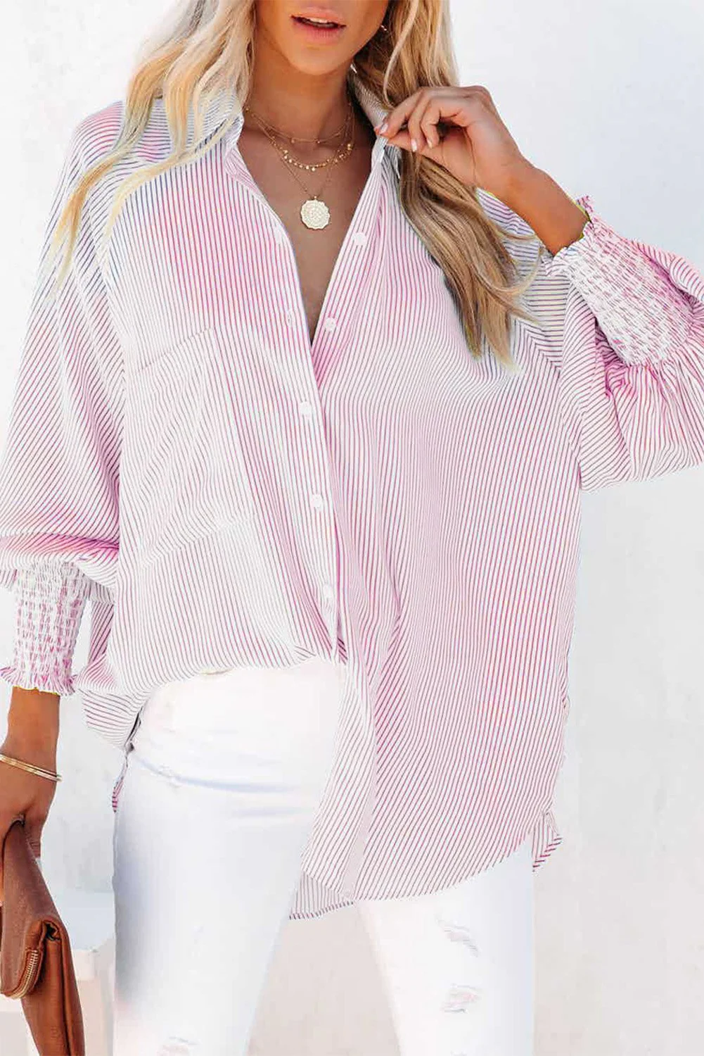 🔥LAST DAY SALE 49% OFF🏆️Mid-length smocked shirt with striped lapel and oversized drawdown sleeves - Image 10
