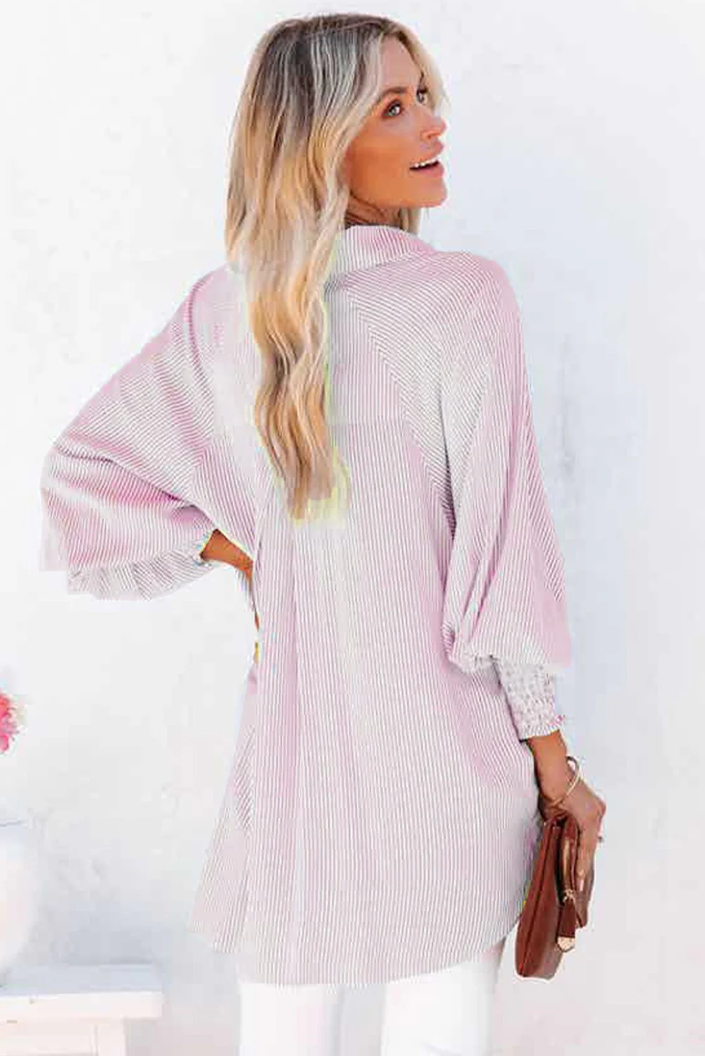 🔥LAST DAY SALE 49% OFF🏆️Mid-length smocked shirt with striped lapel and oversized drawdown sleeves - Image 11