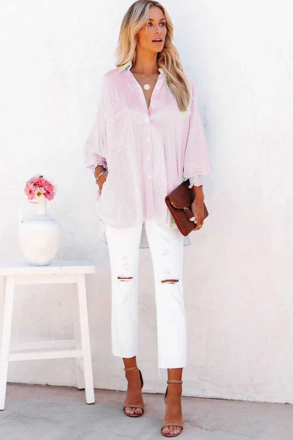 🔥LAST DAY SALE 49% OFF🏆️Mid-length smocked shirt with striped lapel and oversized drawdown sleeves - Image 13