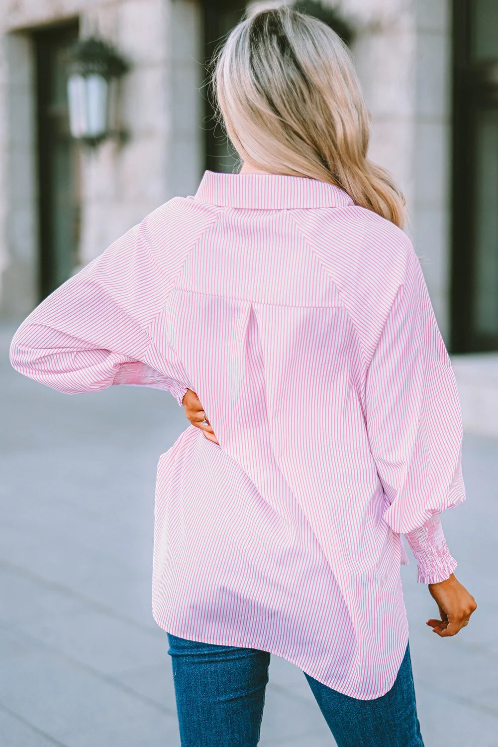 🔥LAST DAY SALE 49% OFF🏆️Mid-length smocked shirt with striped lapel and oversized drawdown sleeves - Image 15