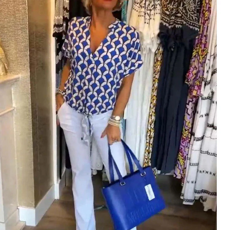 🔥💝Short-Sleeved V-Neck Printed Casual Top - Image 4