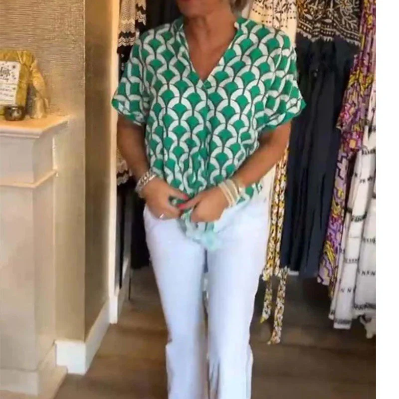 🔥💝Short-Sleeved V-Neck Printed Casual Top - Image 5