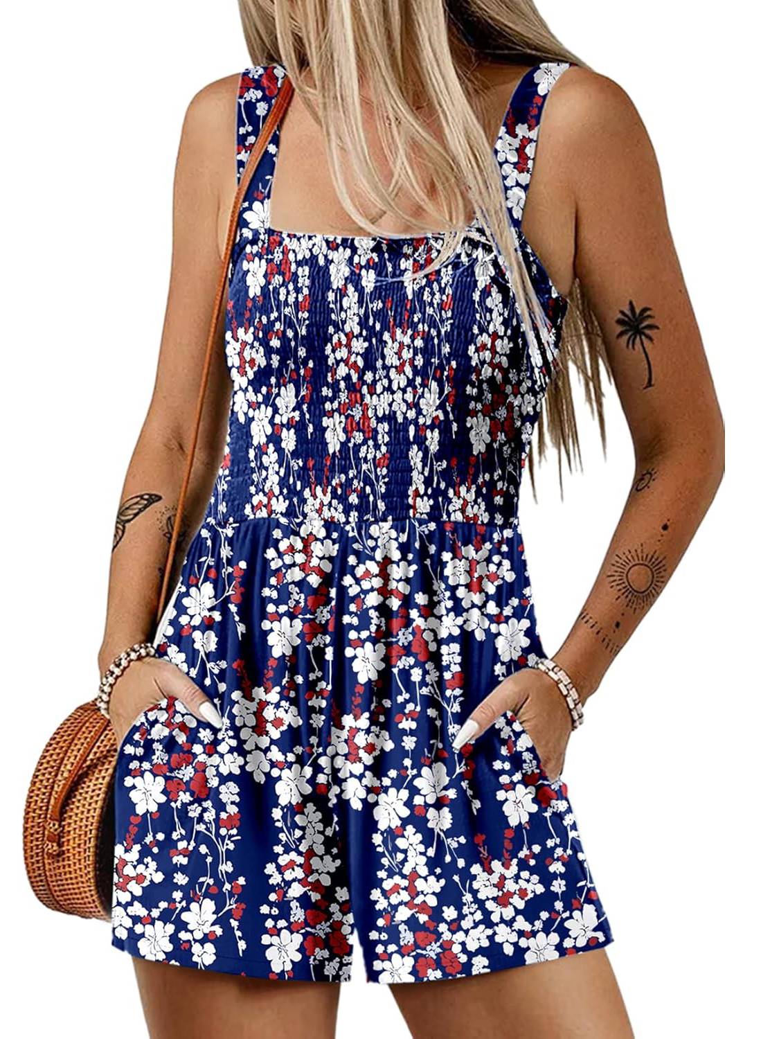 ⏰Hot Sale 49% Off💃Women's Summer Square Neck Sleeveless Loose Casual Short Smocked Romper - Image 13