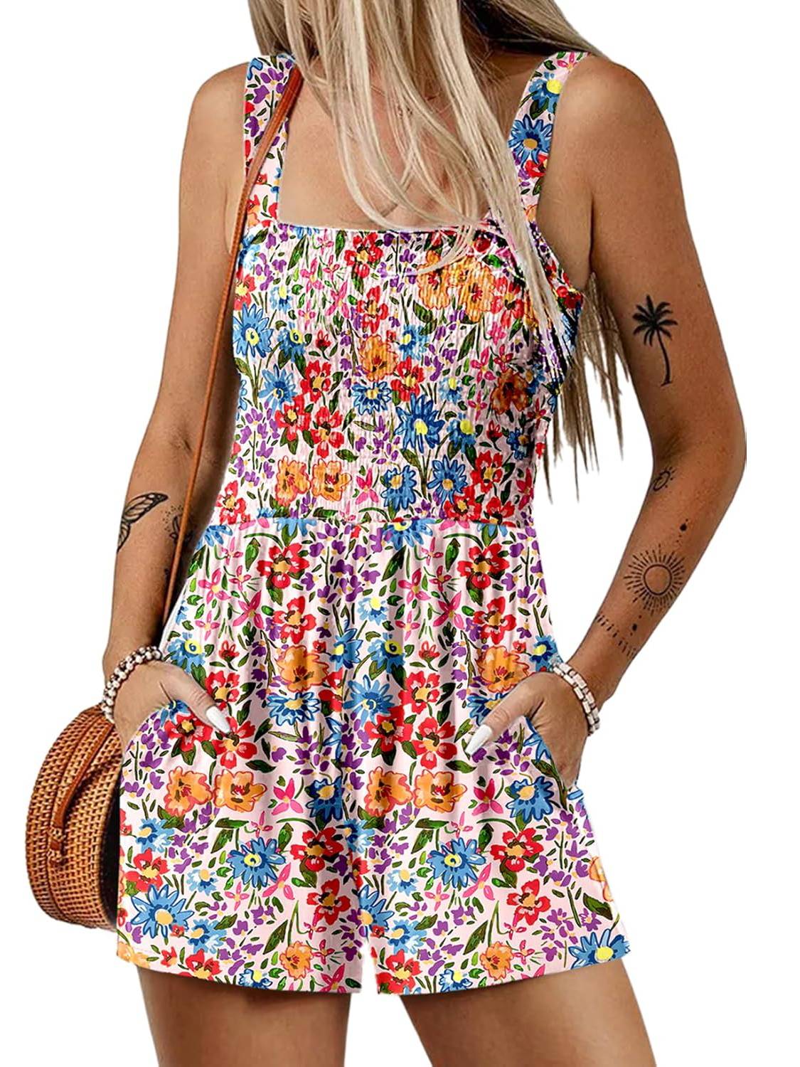 ⏰Hot Sale 49% Off💃Women's Summer Square Neck Sleeveless Loose Casual Short Smocked Romper - Image 14