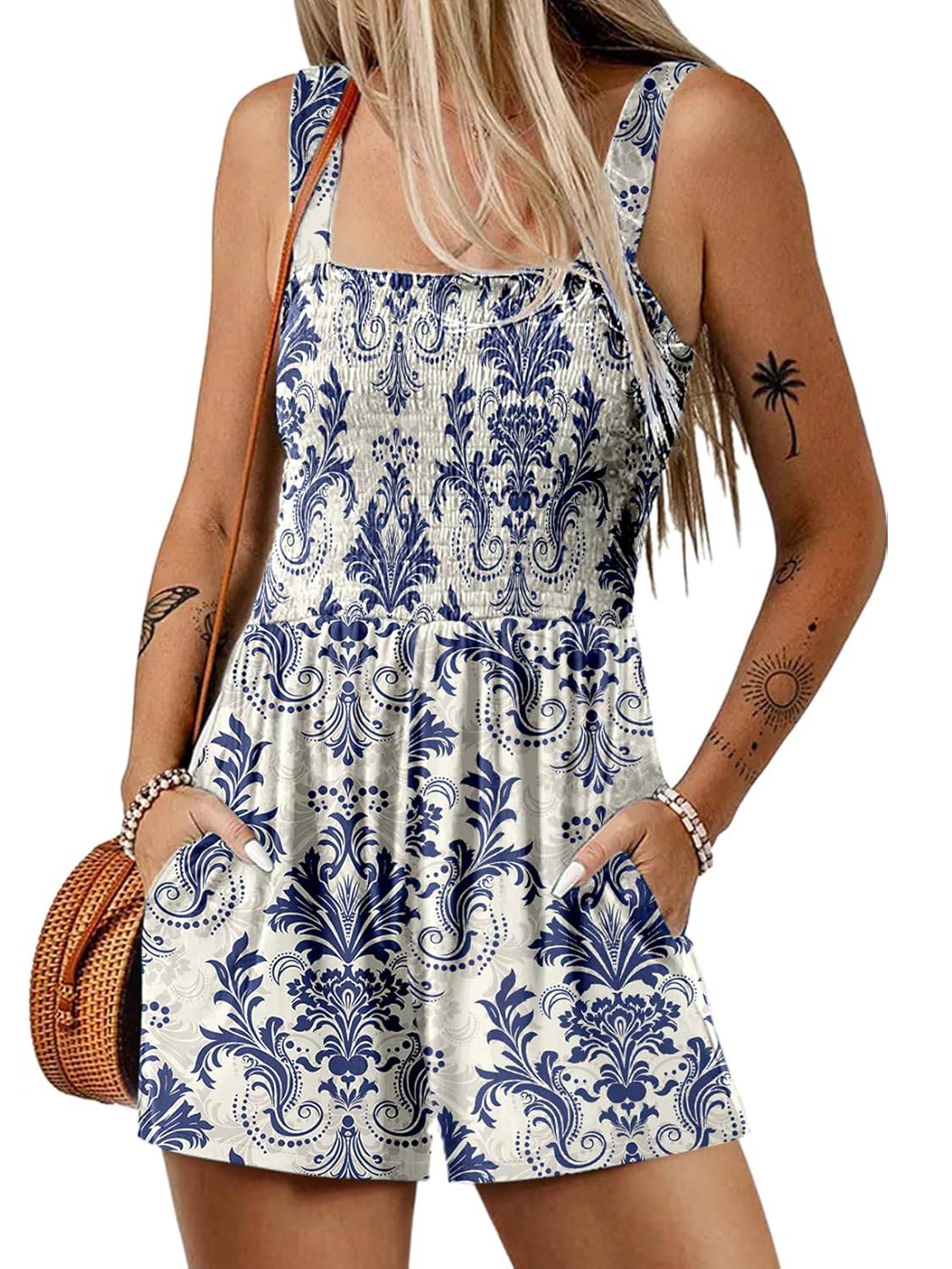 ⏰Hot Sale 49% Off💃Women's Summer Square Neck Sleeveless Loose Casual Short Smocked Romper - Image 16