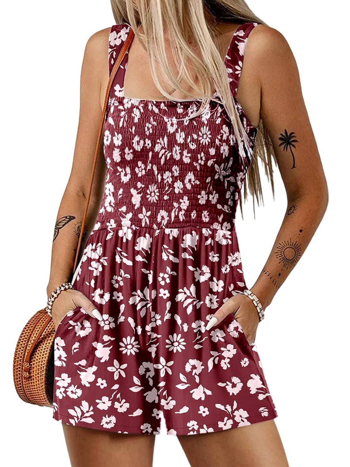 ⏰Hot Sale 49% Off💃Women's Summer Square Neck Sleeveless Loose Casual Short Smocked Romper - Image 18