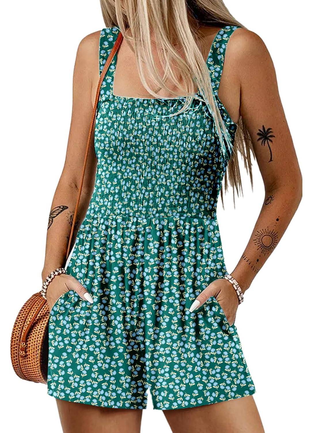 ⏰Hot Sale 49% Off💃Women's Summer Square Neck Sleeveless Loose Casual Short Smocked Romper - Image 3
