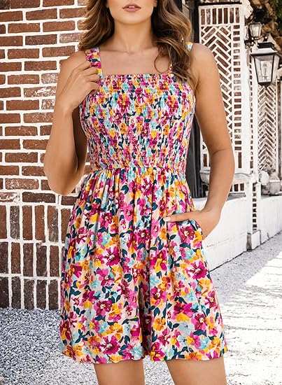 ⏰Hot Sale 49% Off💃Women's Summer Square Neck Sleeveless Loose Casual Short Smocked Romper - Image 22