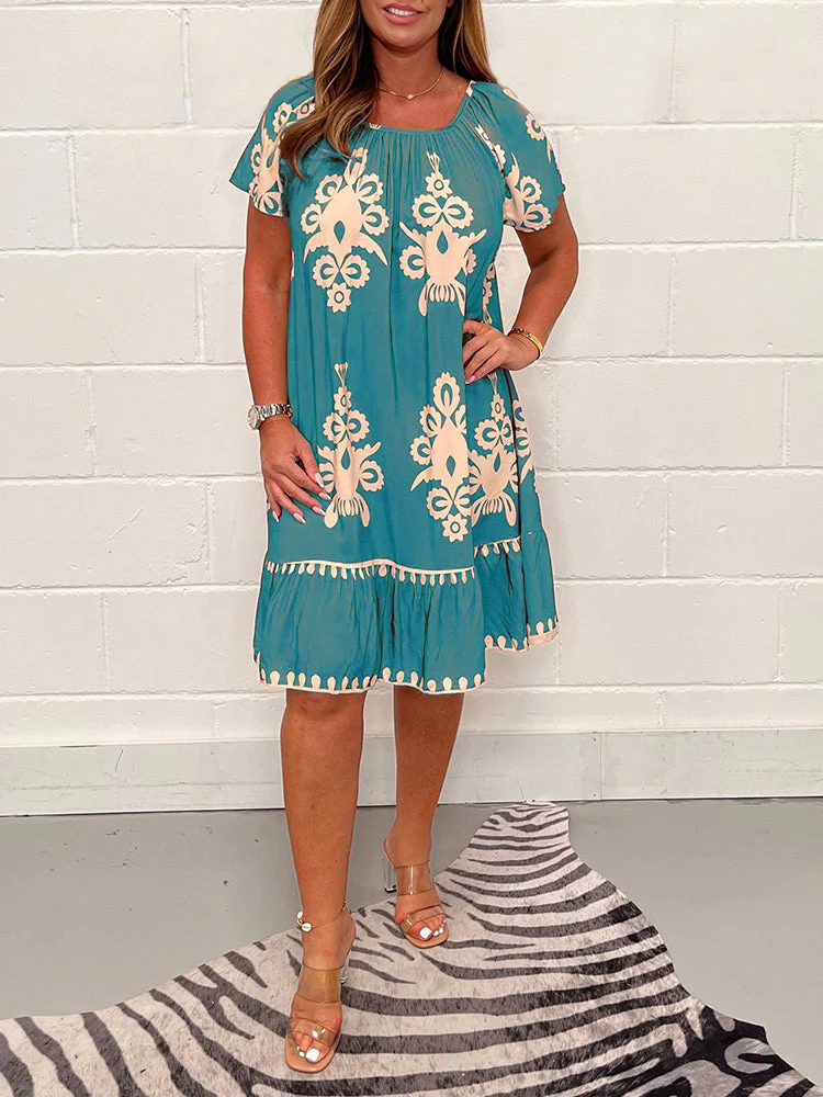 🌸Spring Special Sale 49% OFF!!🌸Geometric Pattern Multi Print Square Neck Dress - Image 12