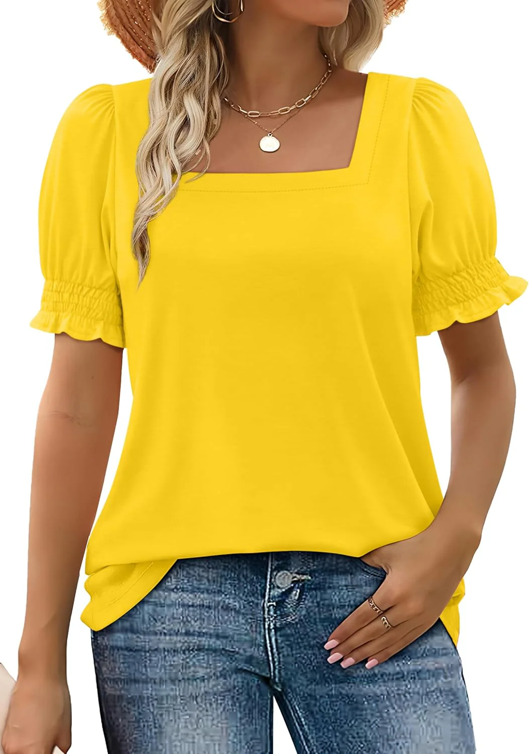 🔥Limited sale 50% Off🔥Women's Square Neck  Smocked Sleeve T-Shirt Casual Top - Image 2