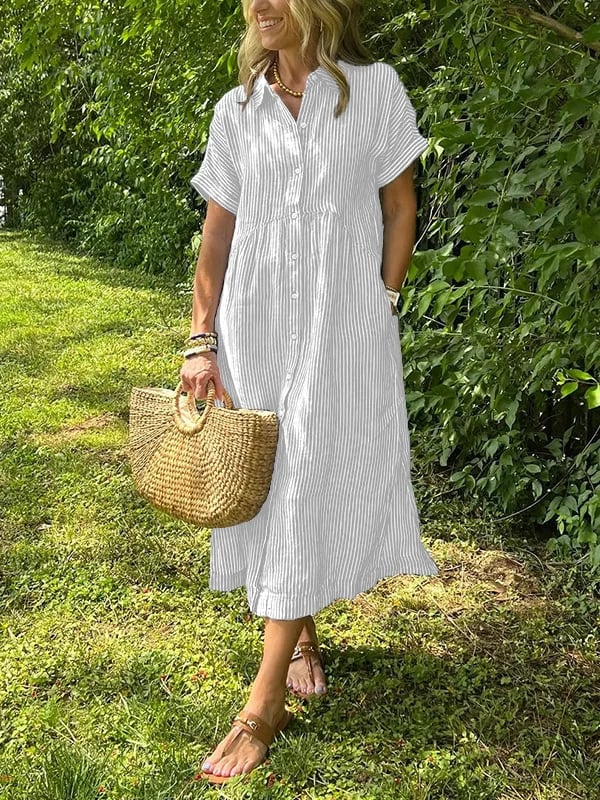 💖Mother’s Day Sale: 50% OFF!👗Striped Lapel Button Down Shirt Dress |👍With Functional Pockets - Image 3