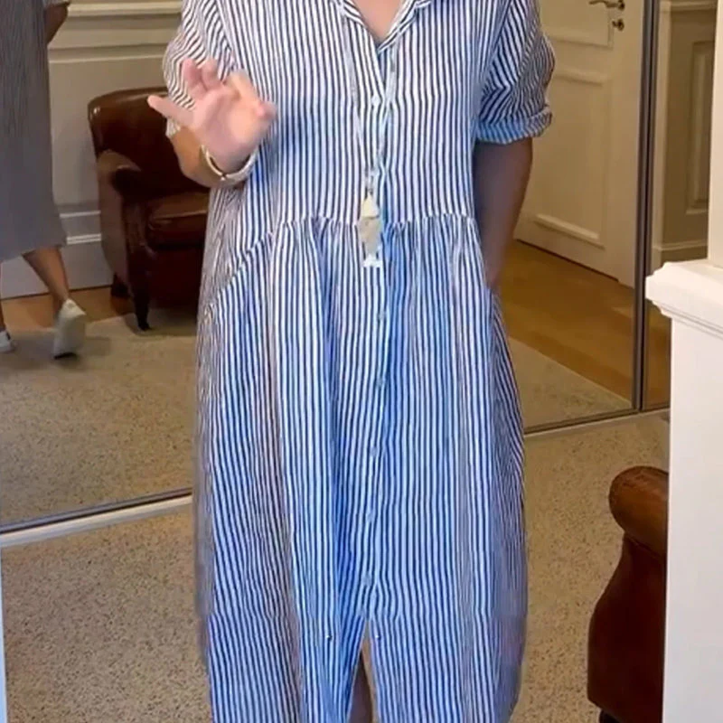 💖Mother’s Day Sale: 50% OFF!👗Striped Lapel Button Down Shirt Dress |👍With Functional Pockets - Image 7