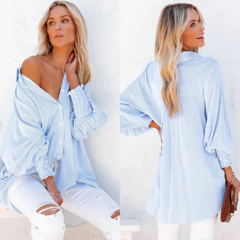 🌟Last Day Promotion 49% OFF🔥Women's Striped Shirt with Elastic Sleeves - Image 2