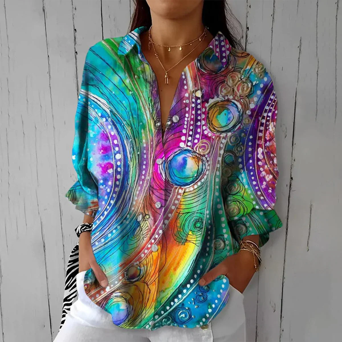 💖LAST DAY SALE 50% OFF💖Stylish Colorful Printed Lapel Long Sleeve Shirt - Image 4