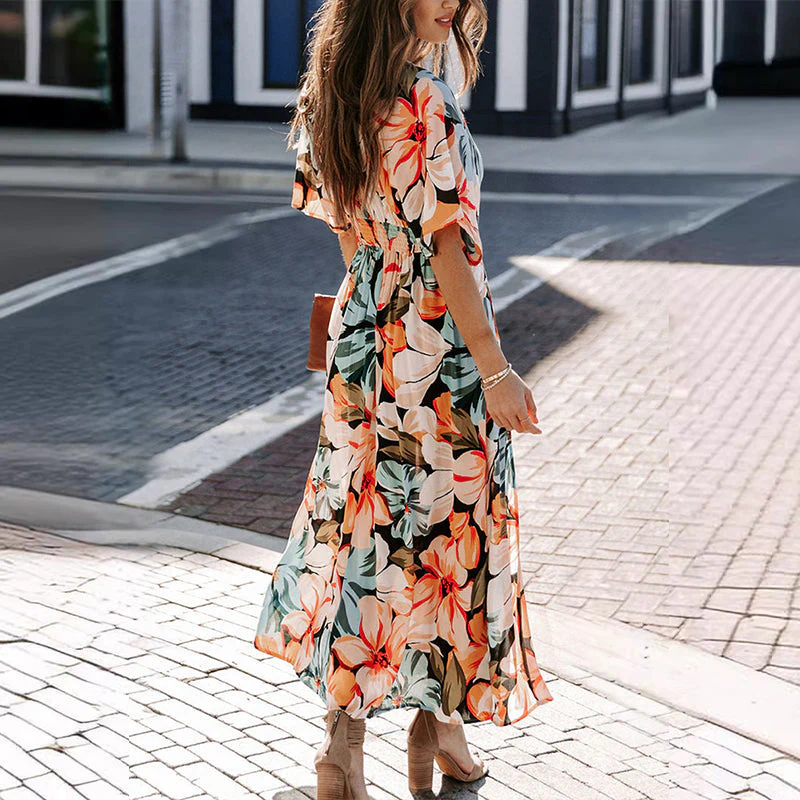 Summer Floral Printed Sexy Deep V-Neck High-Waist Split Dress for Women - Image 3