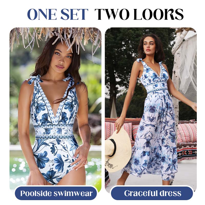 💃Last Day Special Sale 49% OFF🩱 V Neck Lace Up Printed One Piece Swimsuit and Skirt - Image 2