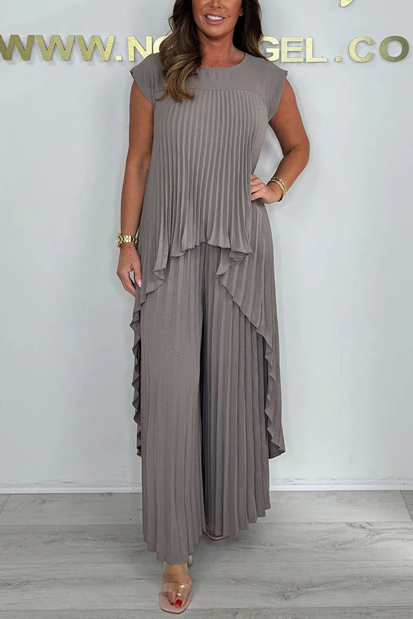 ⏰Hot Sale 50% OFF💕Laney Pleated Short Sleeve Irregular Midi Top and Elastic Waist Wide Leg Pants Set - Image 2