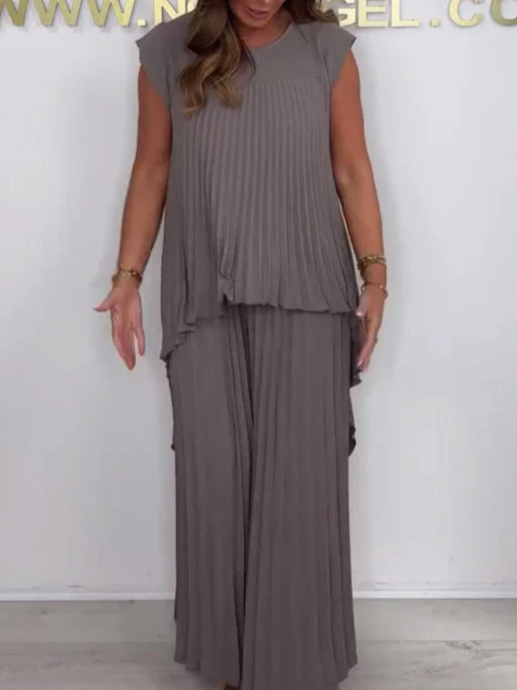 ⏰Hot Sale 50% OFF💕Laney Pleated Short Sleeve Irregular Midi Top and Elastic Waist Wide Leg Pants Set - Image 6