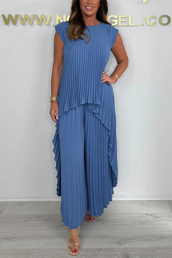 ⏰Hot Sale 50% OFF💕Laney Pleated Short Sleeve Irregular Midi Top and Elastic Waist Wide Leg Pants Set - Image 8