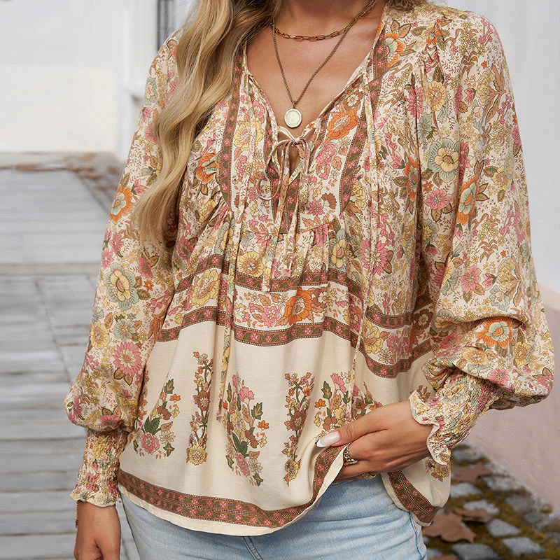 🌷LAST DAY SALE 50% OFF🌷Women's Fashion Printed v-Neck Long Sleeve Shirt 2 - Image 15