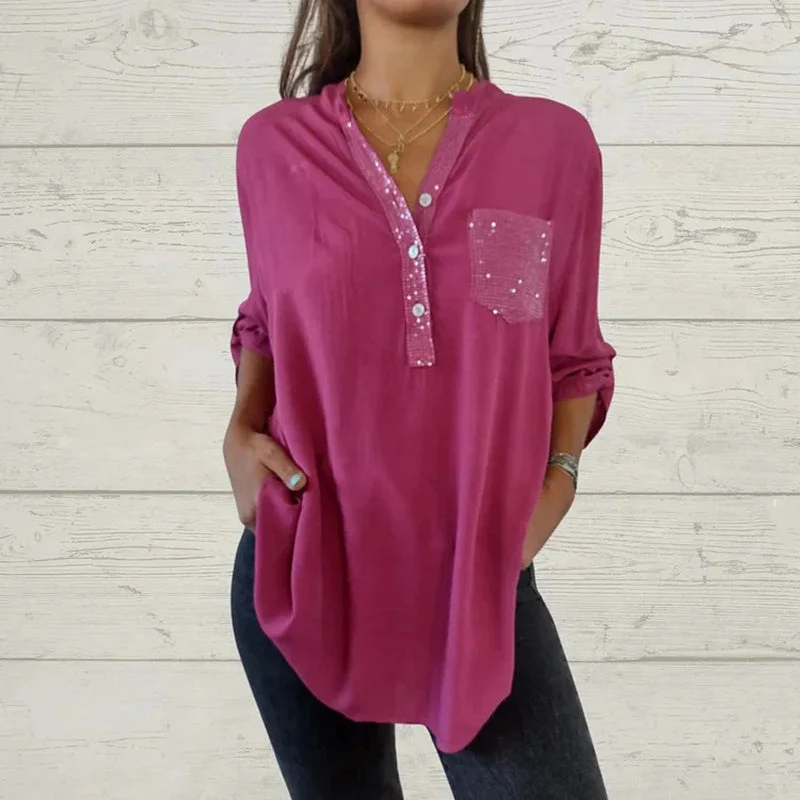 ⏳Limited Sale 49% OFF🌸Women's Sequin Patchwork V-neck Shirt - Image 13