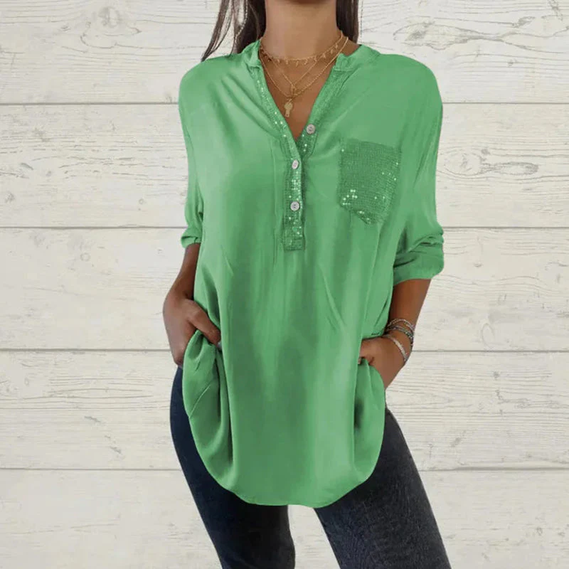 ⏳Limited Sale 49% OFF🌸Women's Sequin Patchwork V-neck Shirt - Image 16
