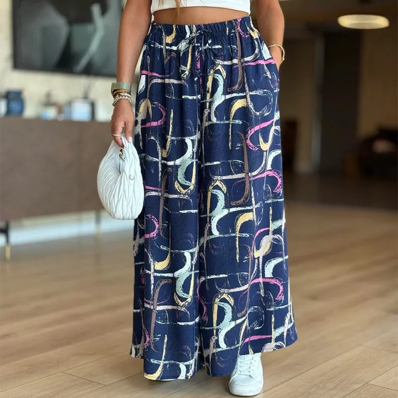 Women’s Casual Printed Wide-Leg Pants with Pockets - Image 2